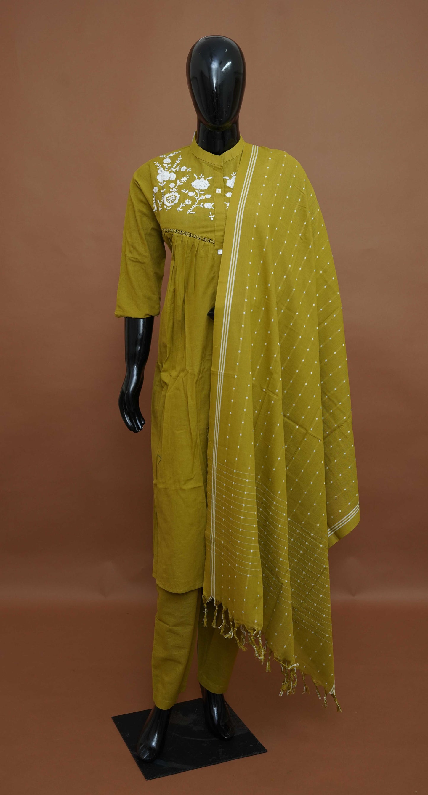 Mustard Yellow Floral Embroidered Mul Cotton A-Line Kurta Set– Medium to 2XL