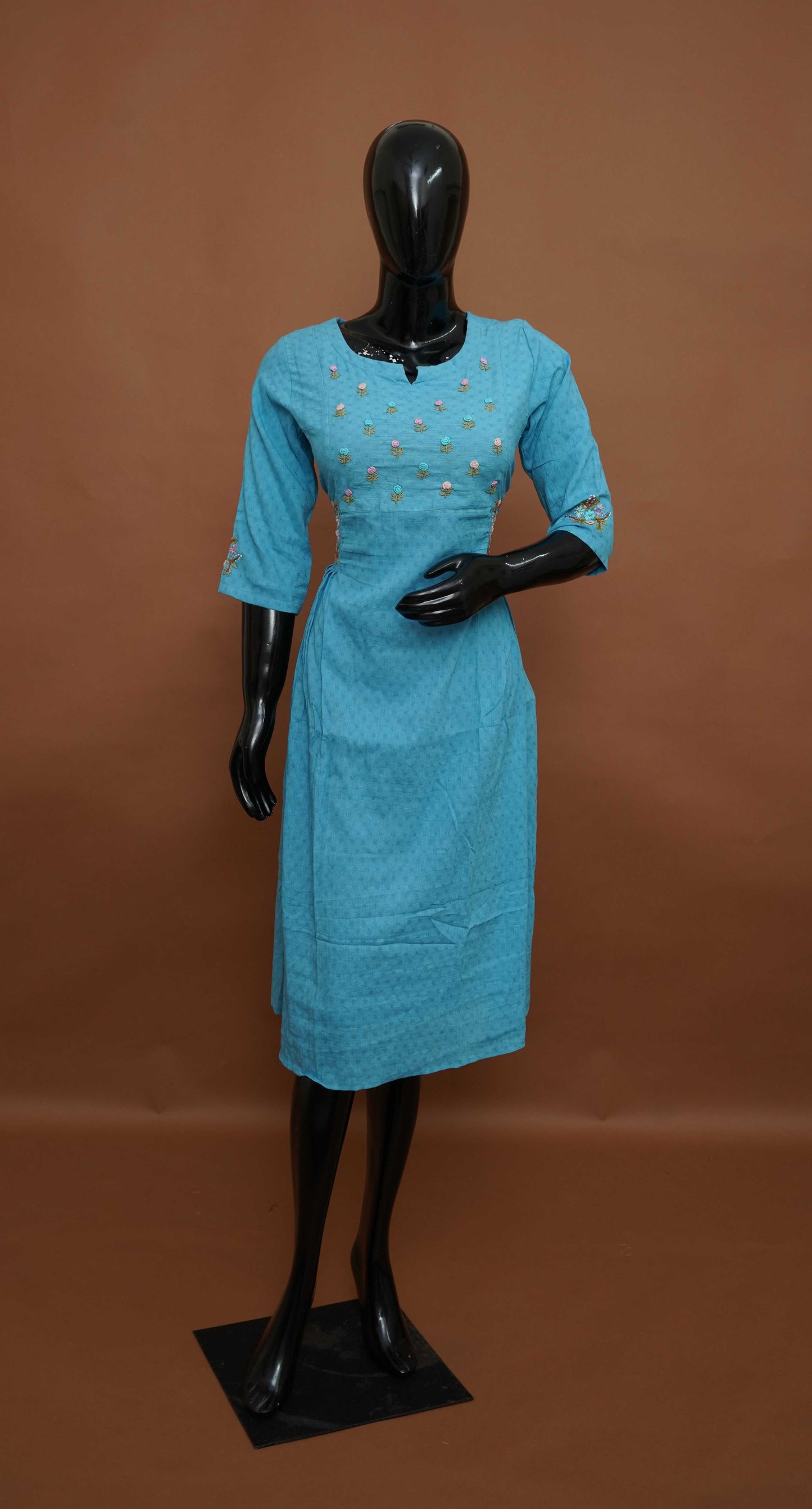 Azure Blue Floral Embroidered Cotton A-Line Kurta – Premium Ethnic Tops (Medium - 2XL)