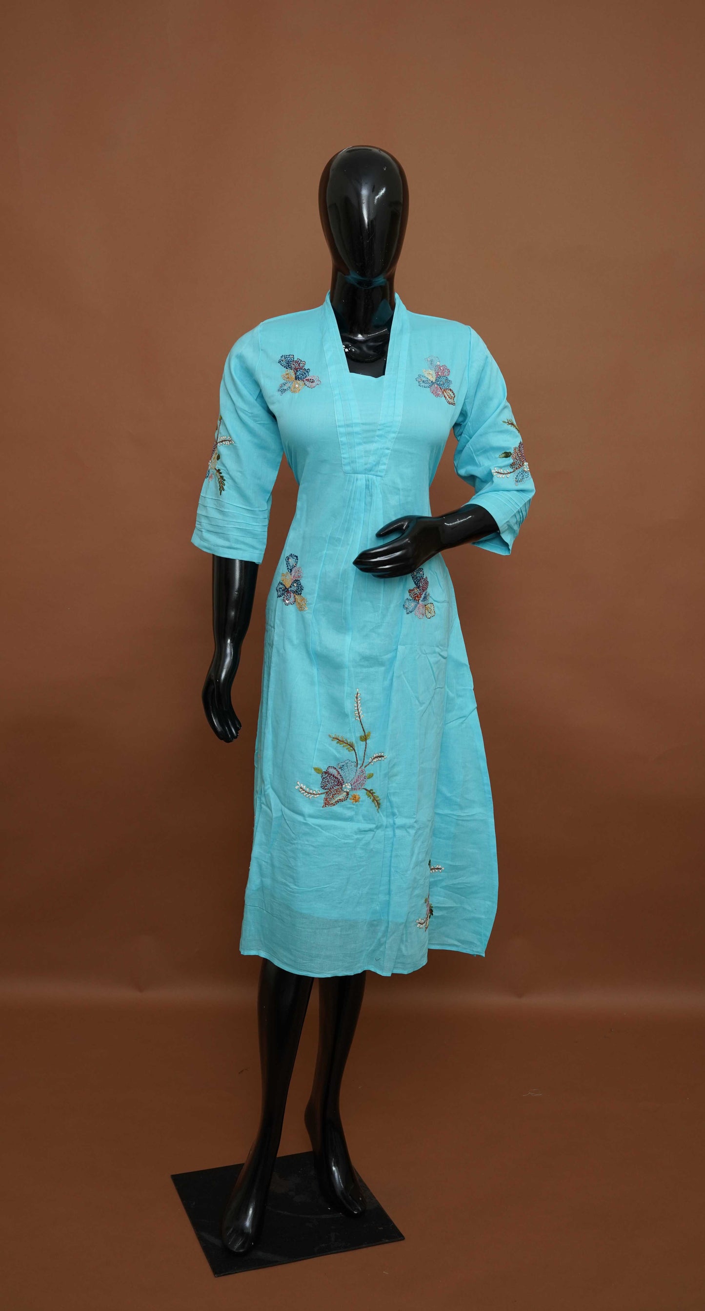 Sky Blue Floral Embroidered Cotton A-Line Tunic – Premium Ethnic Tops (Medium - 2XL)