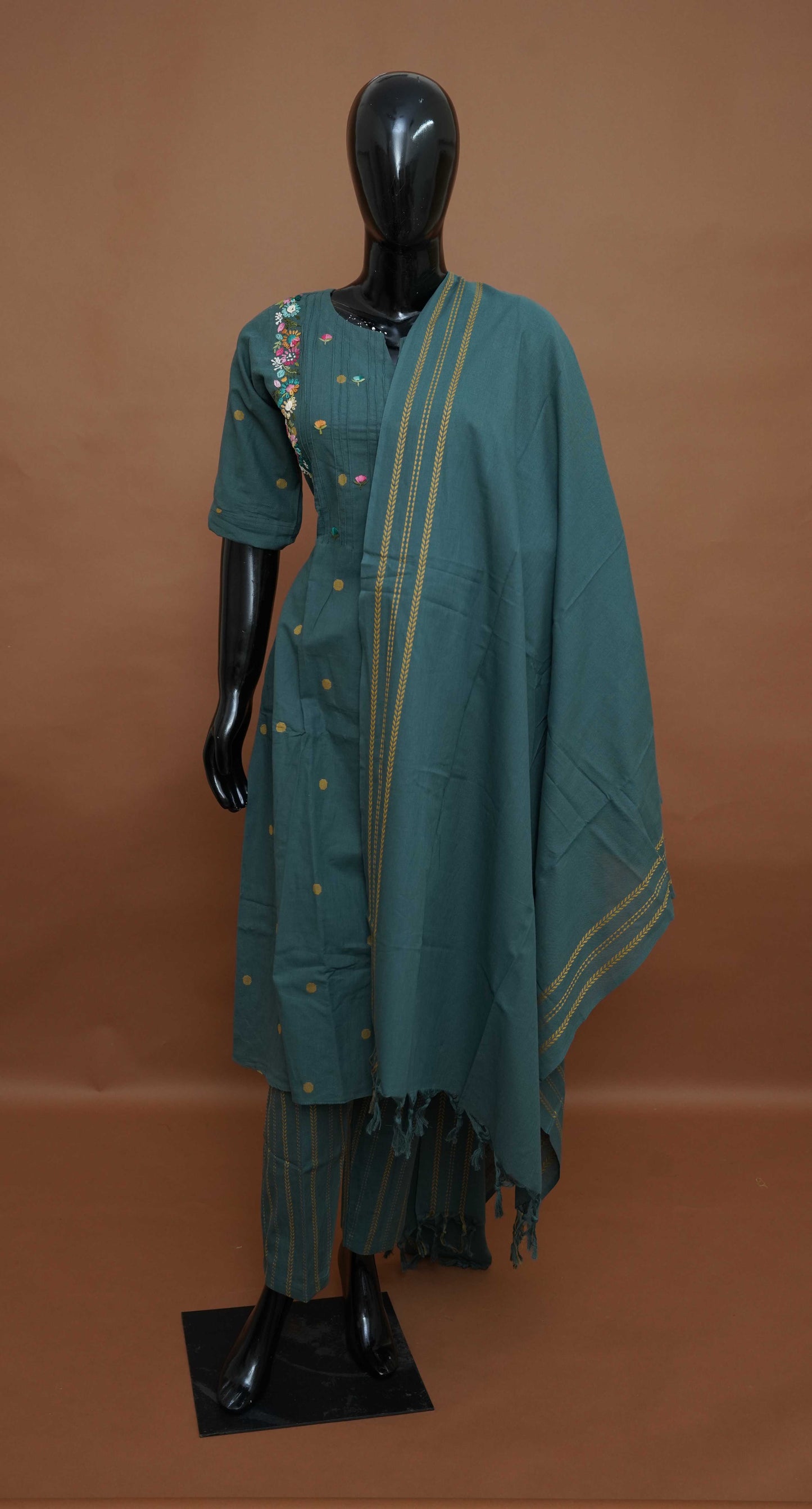 Teal Green embroidered - Pure Cotton 3-Piece Dress Set – Medium to 2XL