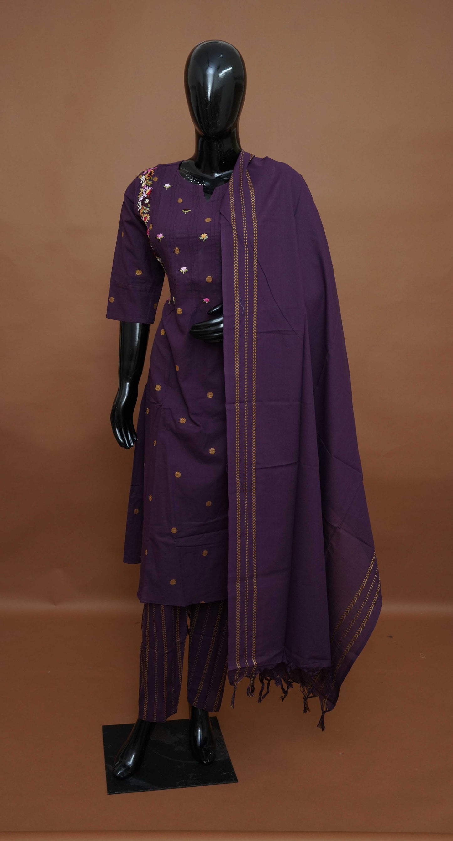 Purple embroidered - Pure Cotton 3-Piece Dress Set – Medium to 2XL