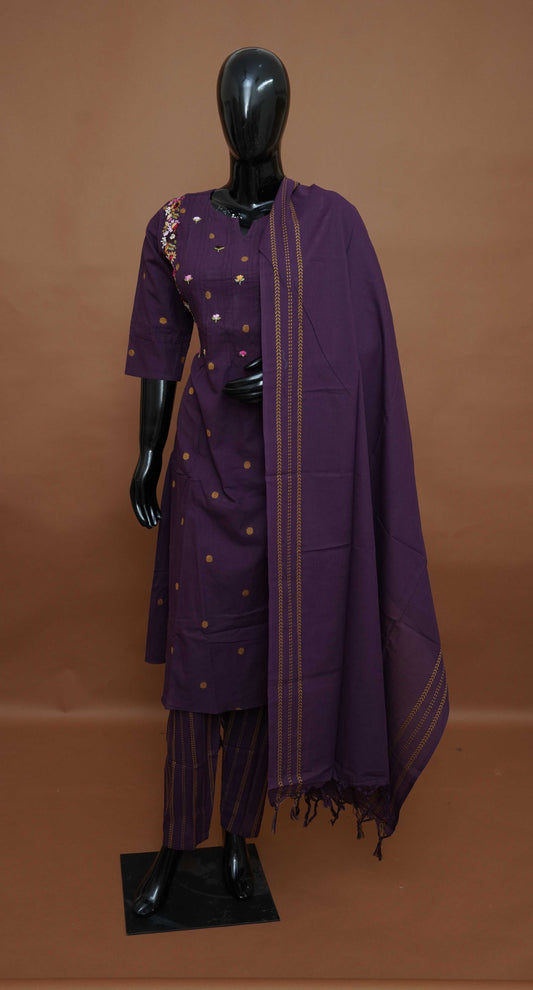 Purple embroidered - Pure Cotton 3-Piece Dress Set – Medium to 2XL