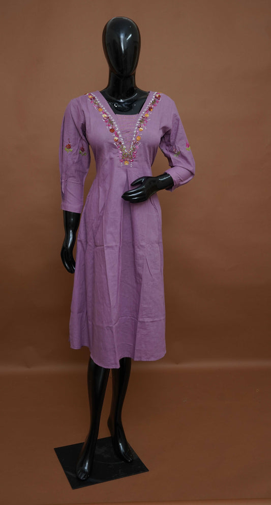 Women’s Lavender Pure Cotton A-Line Kurti with Intricate Neckline Embroidery – Premium Ethnic Tops (Medium - 2XL)
