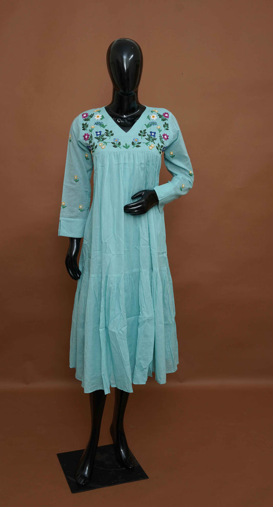 Teal Blue Cotton Kurti with Embroidered Yoke & Sleeves – Premium Ethnic Wear (Medium - 2XL)