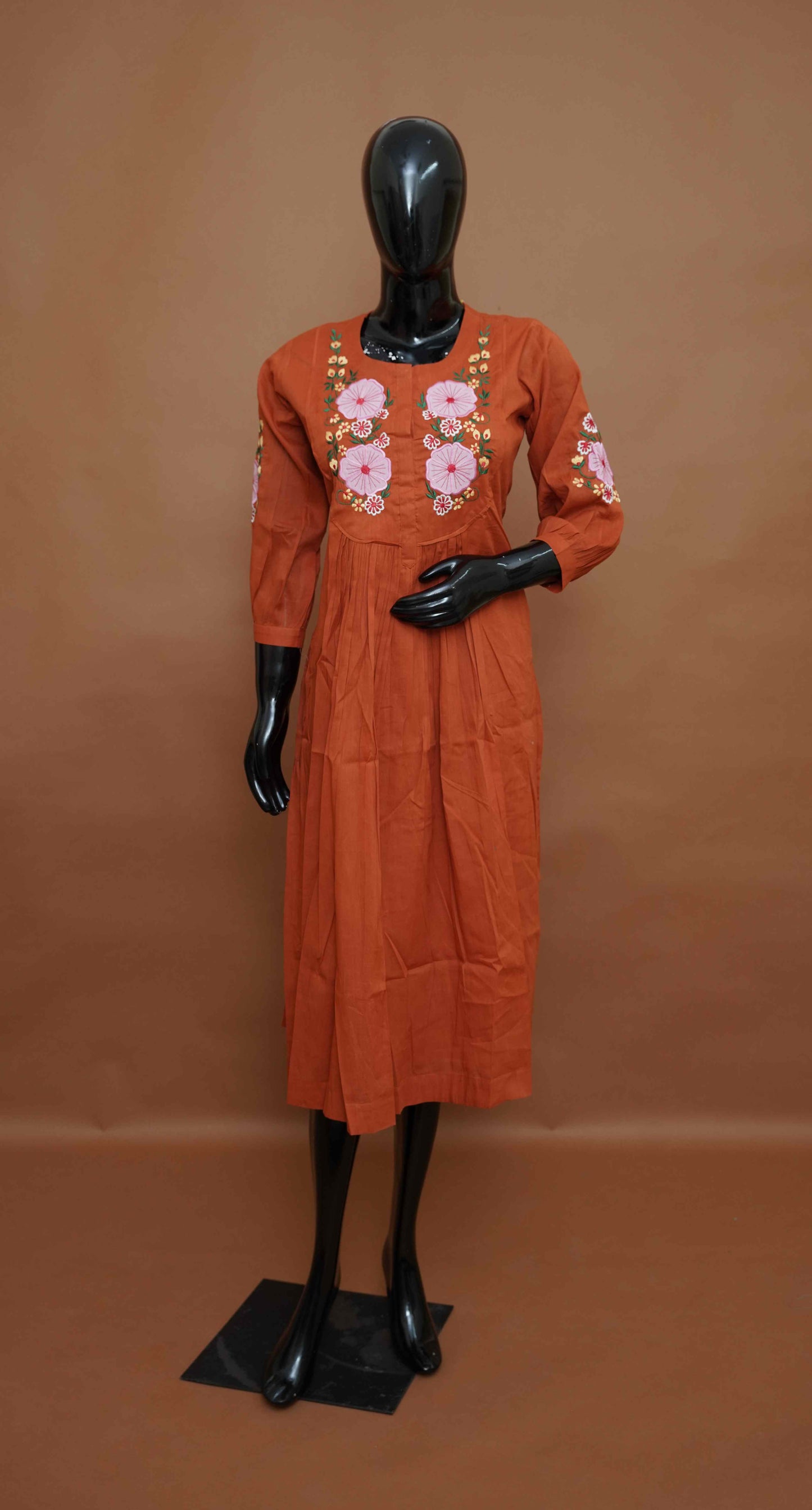 Rust Brown Cotton Kurti with Embroidered Yoke & Sleeves – Premium Ethnic Wear (Medium - 2XL)