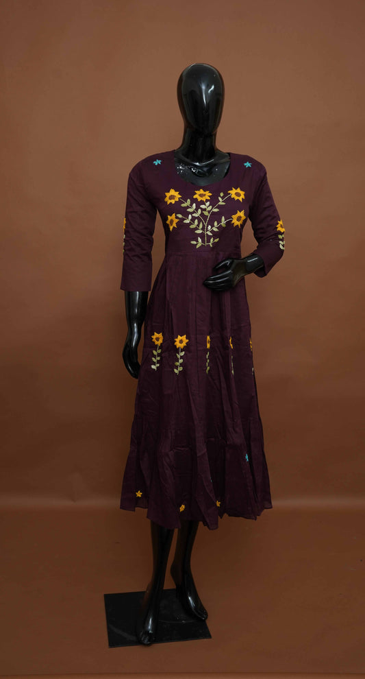 Brown A-line Cotton Kurti with Embroidered Yoke & Sleeves – Premium Cotton Top (Medium - 2XL)