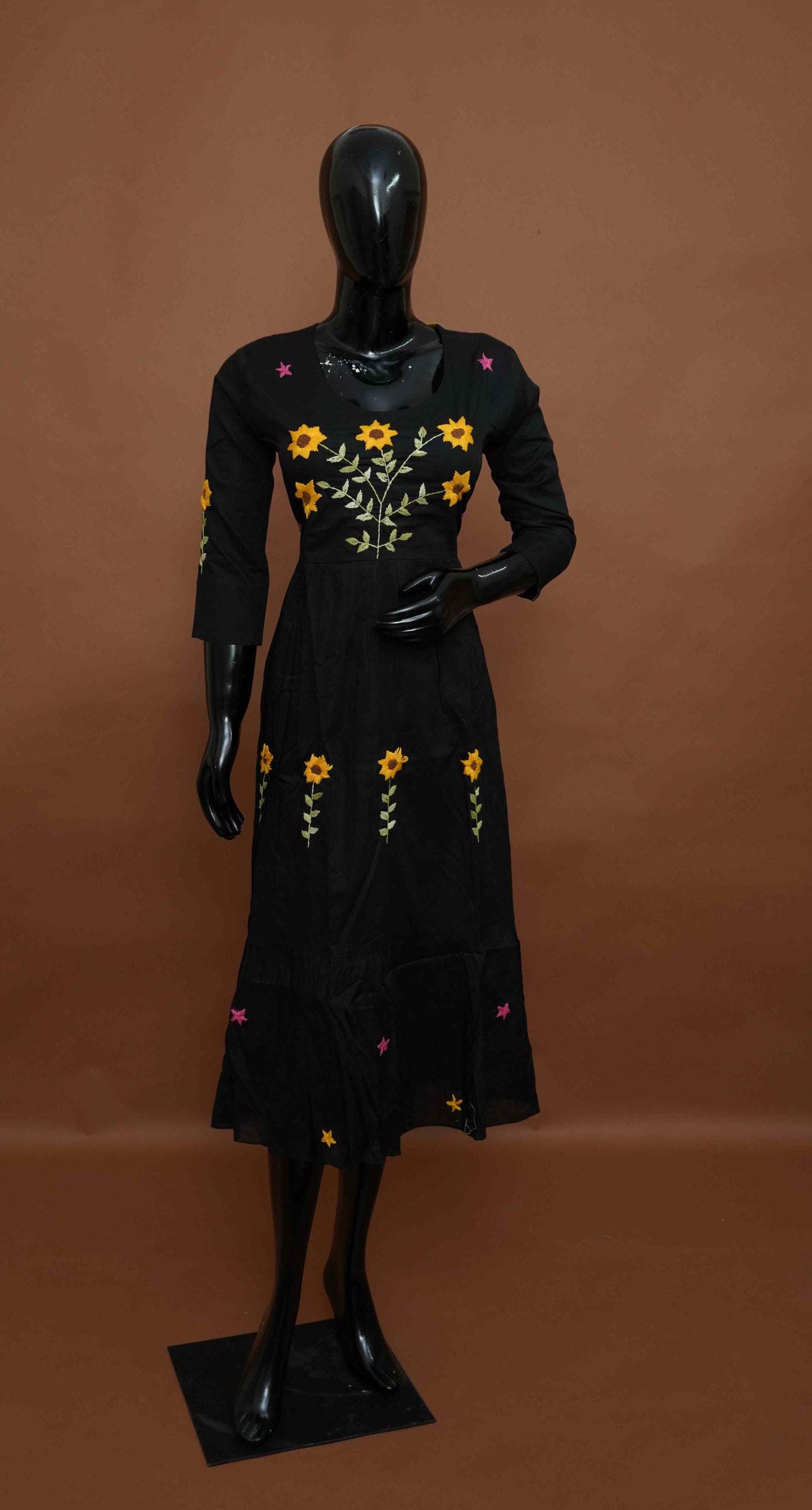 Black Cotton Kurti with Embroidered Yoke & Sleeves – Premium Cotton Top (Medium - 2XL)