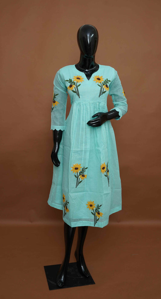 Aqua Green Kota Frock with Yellow Floral Appliqué work (M to 2XL)