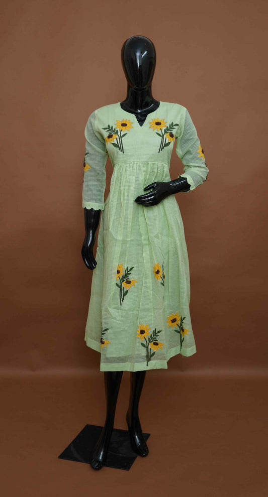 Light Green Cotton Kurti with Embroidered Yoke & Sleeves – Premium Ethnic Wear (Medium - 2XL)