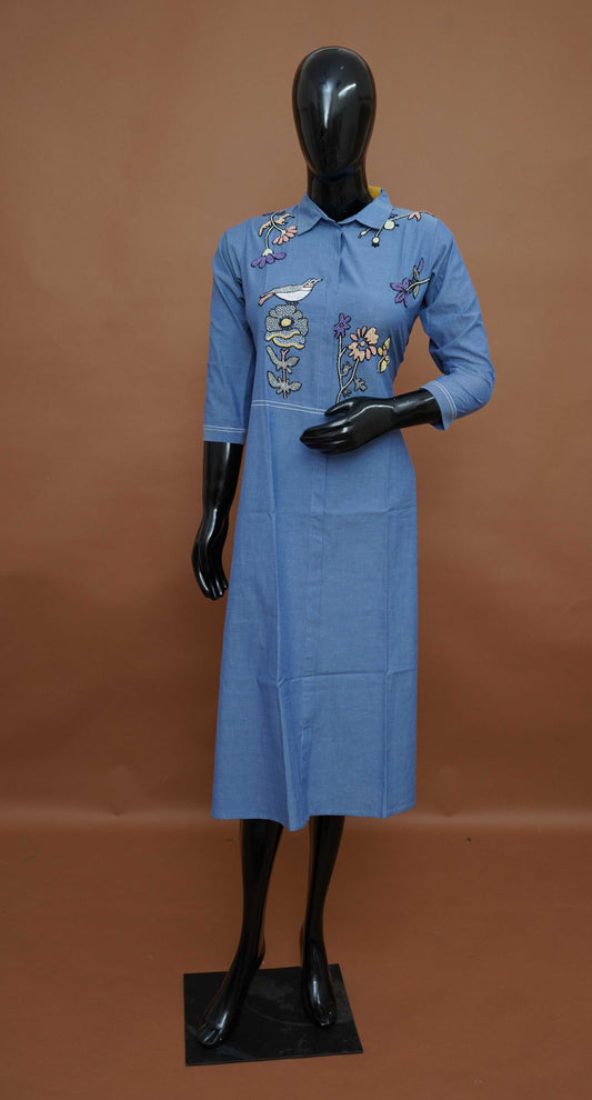 Women’s Sky Blue Cotton-Denim Top with Artisanal Bird & Floral Embroidery – Premium Ethnic Tops (Medium - 2XL)