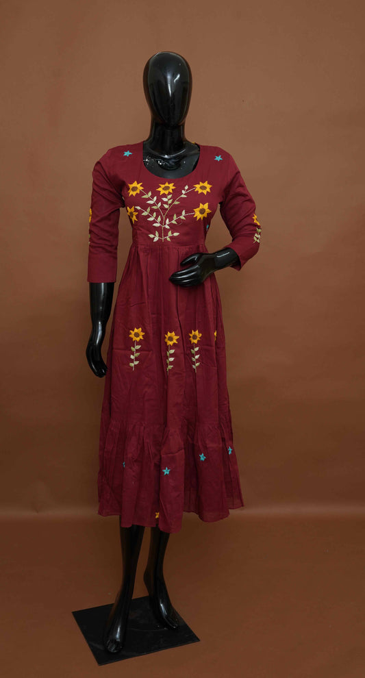 Maroon Cotton Kurti with Embroidered Yoke & Sleeves – Premium Cotton Top (Medium - 2XL)
