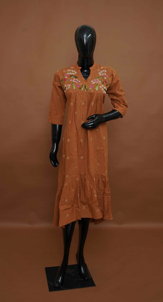 Burgundy Cotton Kurti with Embroidered Yoke & Sleeves – Premium Cotton Top (Medium - 2XL)