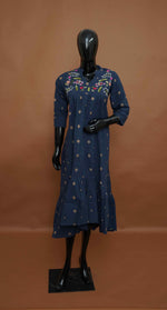 Navy Blue Cotton Kurti with Embroidered Yoke & Sleeves – Premium Cotton Top (Medium - 2XL)
