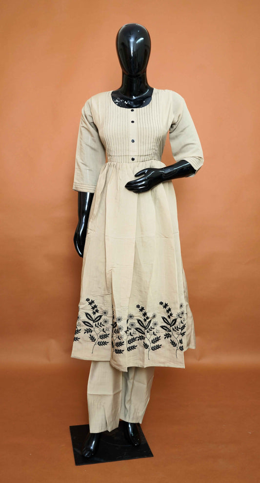Beige Pure Cotton Anarkali Dress with Beautiful Work – Medium to 2XL
