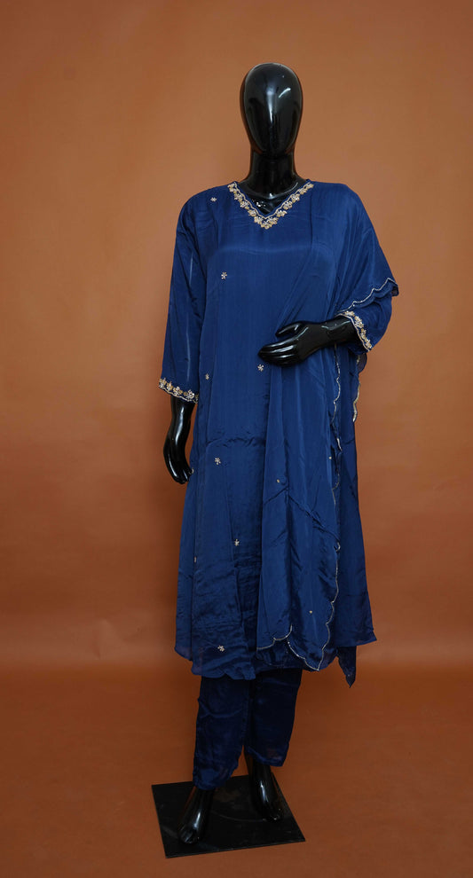Blue A-Line Ready-Made Dress with Beautiful Work – Medium to 2XL
