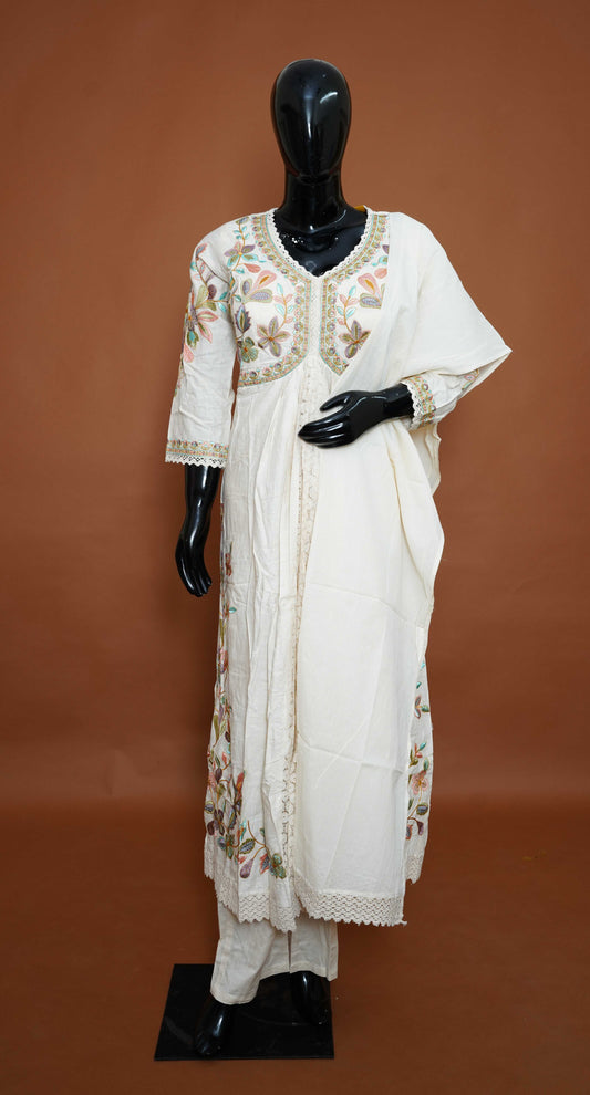 White A-Line Ready-Made Dress with Beautiful Work – Medium to 2XL