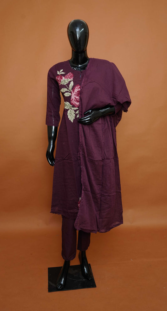 Deep Wine Pure Mul Cotton A-Line Suit Set with Bold Rose Embroidery – Medium to 3XL