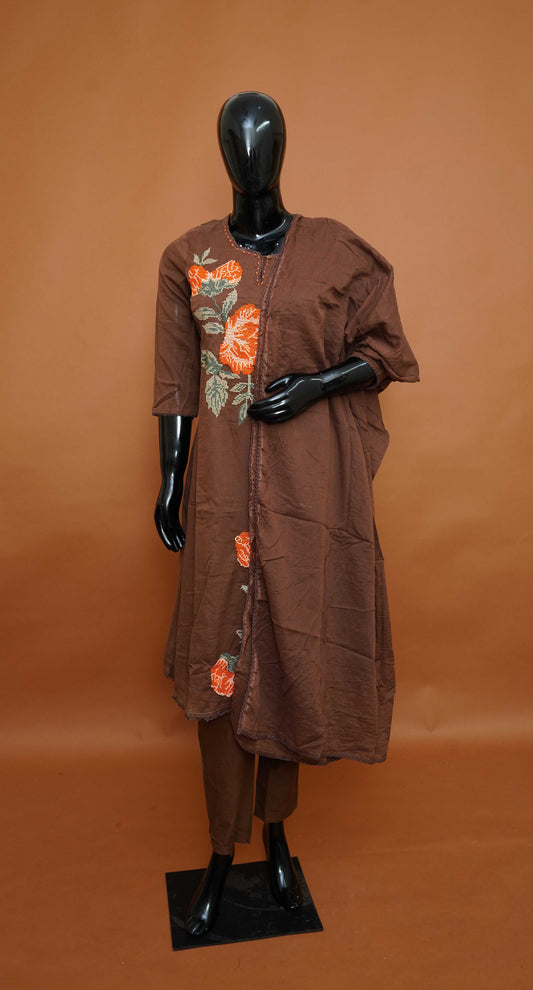 Mocha Brown Pure Mul Cotton A-Line Suit Set with Burnt Orange Floral Embroidery – Medium to 3XL