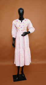 Pink & White Gingham Premium Cotton Tiered Dress with Floral Embroidery (M to 2XL)