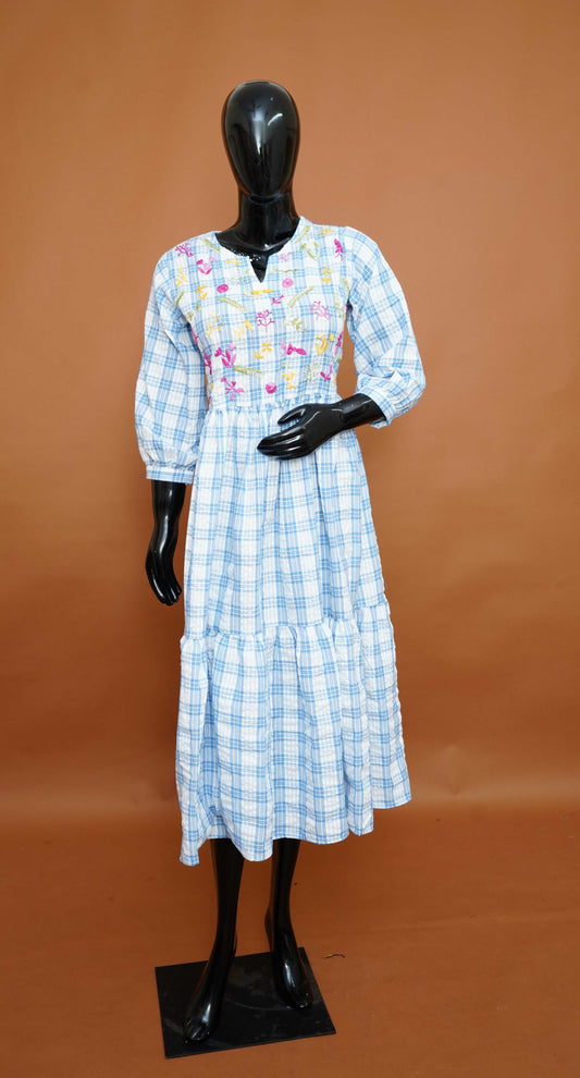 Sky Blue & White Plaid Premium Cotton Frock with Floral Embroidery (M to 2XL)