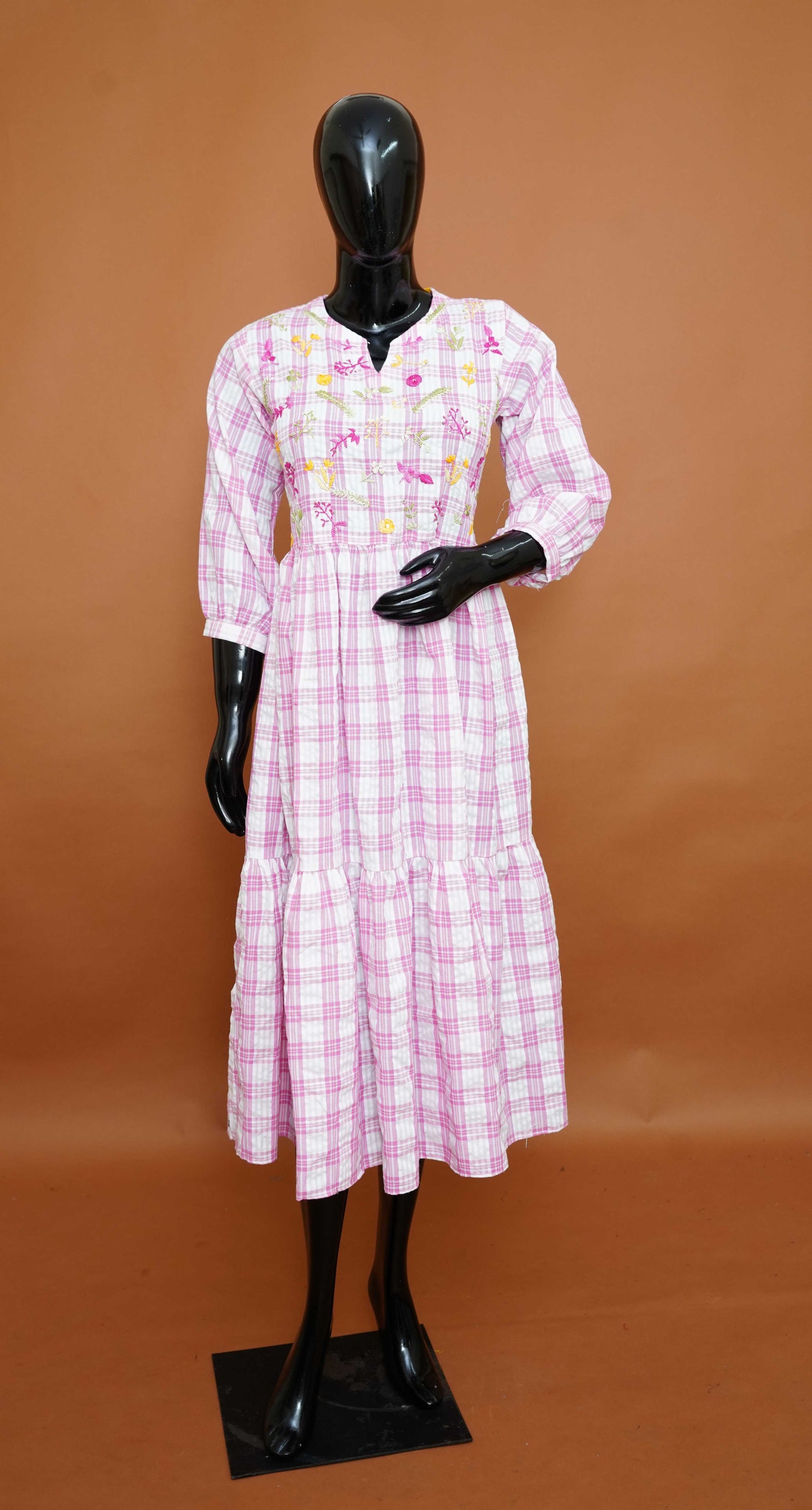 Pink & White Plaid Premium Cotton Midi Frock with Floral Embroidery (M to 2XL)