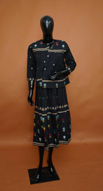 Midnight Black Hand-Woven Jamdani Co-ord Set | Ethnic Jacket & Tiered Skirt (Medium - 3XL)