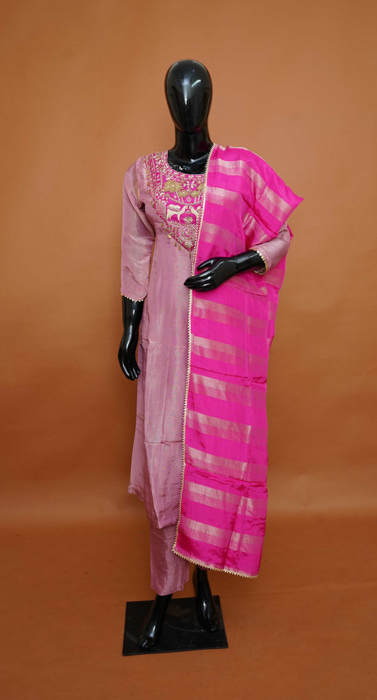 Dusty Mauve Hand-Embroidered Tissue Silk Anarkali Set with Fuchsia Zari Dupatta – Medium to 2XL