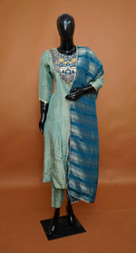 Sea Green Hand-Embroidered Tissue Silk Anarkali Set with Teal Zari Dupatta – Medium to 2XL