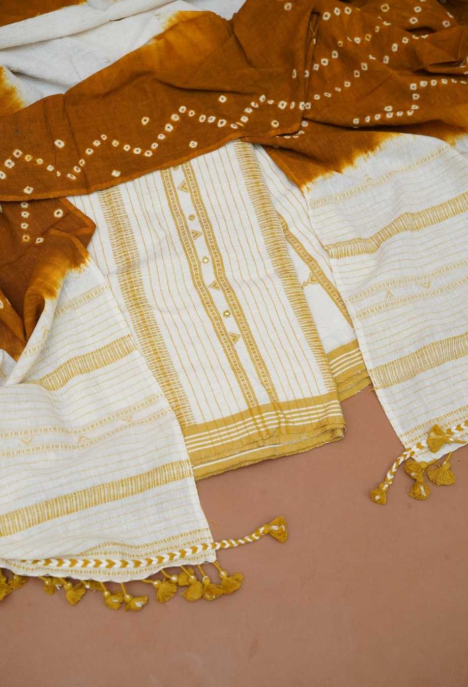 Mustard & Off-White  Pure Handloom Kutch Kala Cotton Bhujodi 3-Piece Dress Material