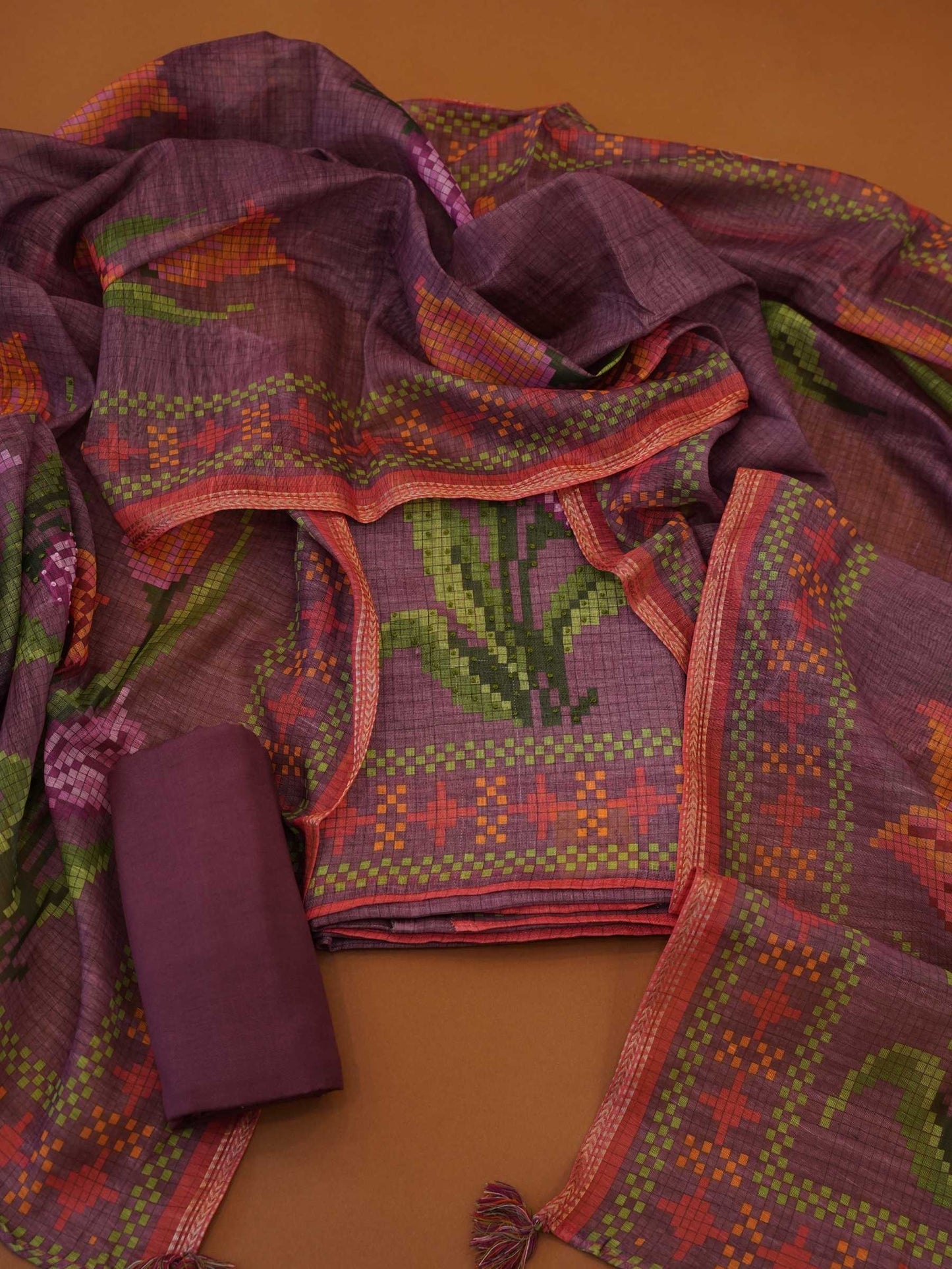 Plum Purple Linen Silk 3-Piece Dress Material with Jamdani Weave