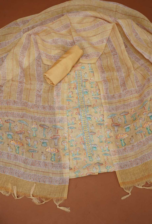 Ochre Yellow Pure Handloom Linen 3 Piece Dress Material with Whimsical Folk Print