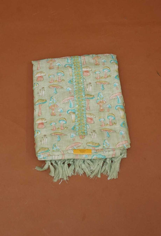 Pistachio Green Pure Handloom Linen 3 Piece Dress Material | Sequin Yoke