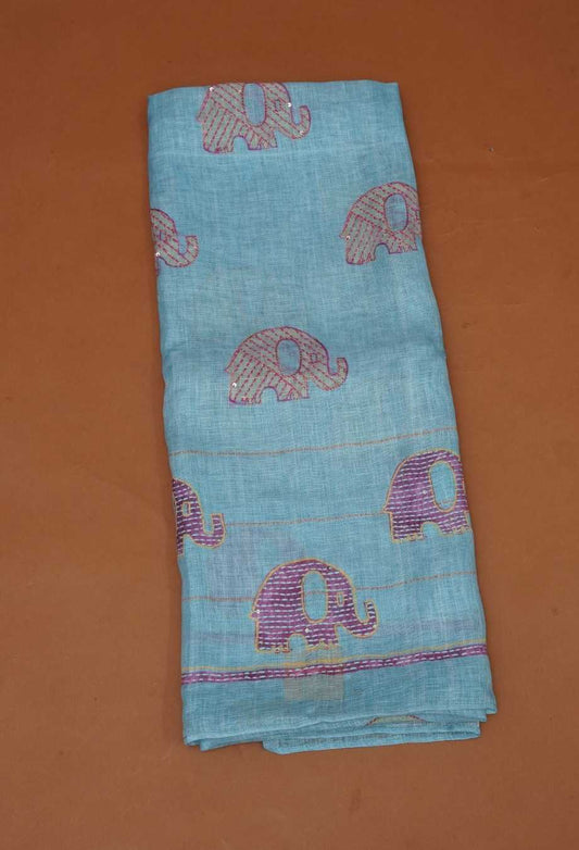 Sky Blue Pure Handloom Linen 3-Piece Dress Material | Elephant Motifs