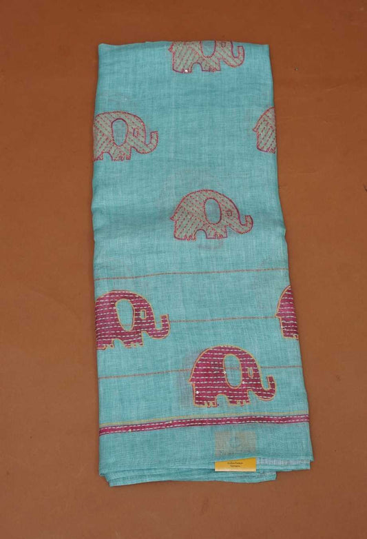 Aqua Teal Pure Handloom Linen 3-Piece Dress Material | Elephant Motifs