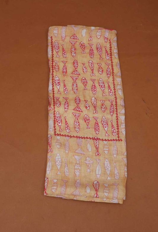 Mustard Yellow Pure Handloom Linen 3 Piece Dress Material | Whimsical Fish Print