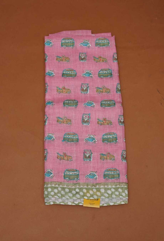 Blush Pink Pure Handloom Linen 3-Piece Dress Material | Vintage Car Motifs