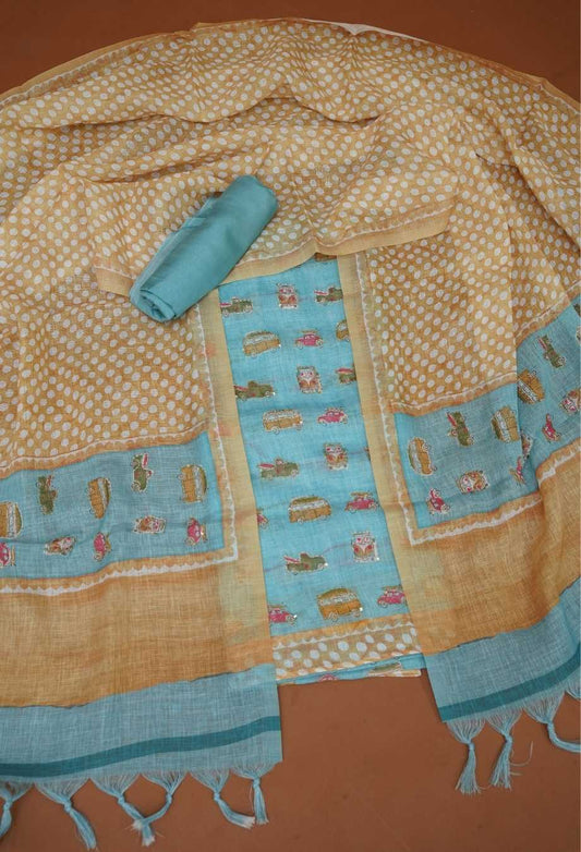 Sky Blue Pure Handloom Linen 3-Piece Dress Material | Vintage Car Motifs