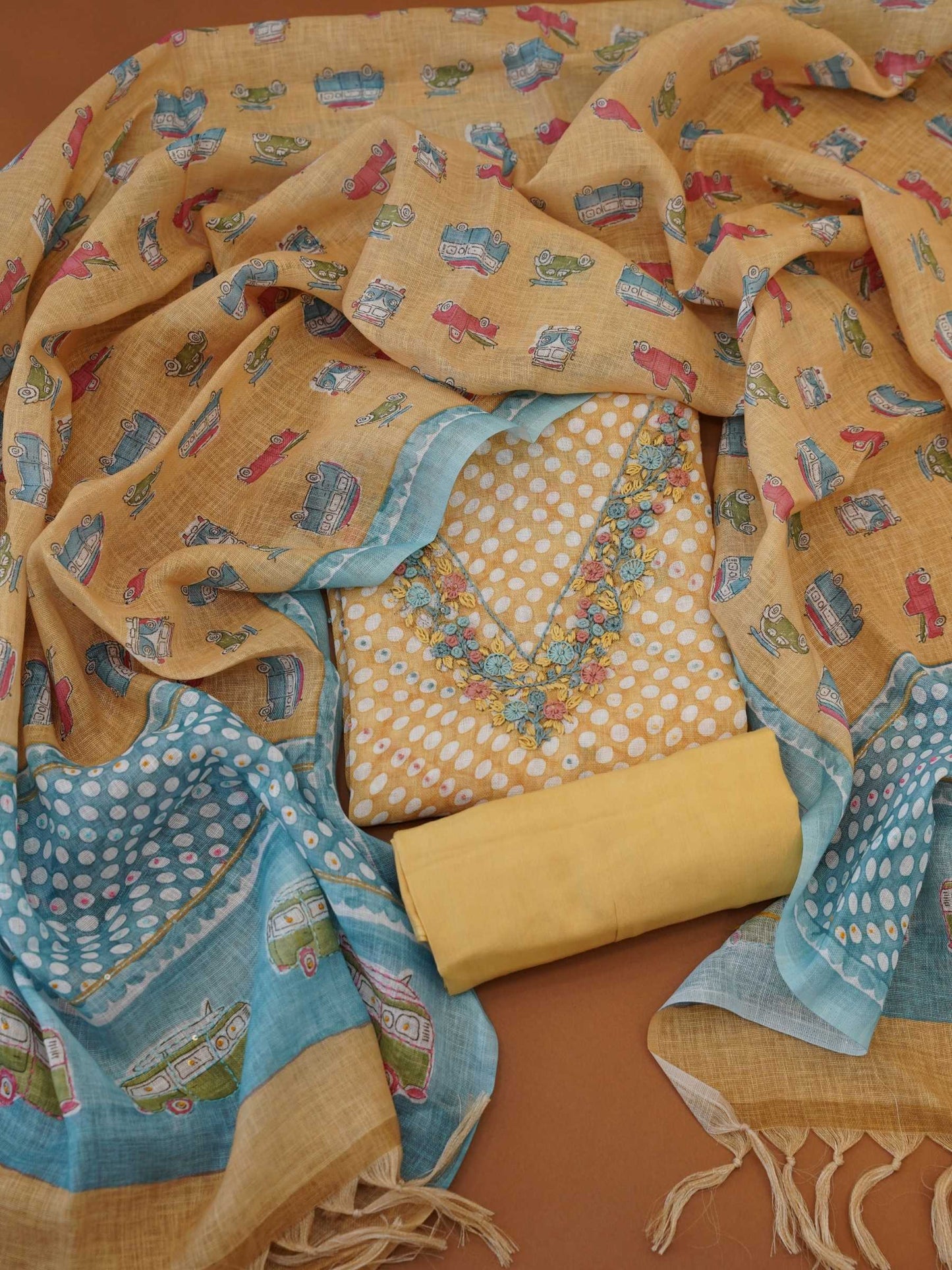 Handloomed Mustard Yellow Linen Cotton 3-Piece Dress Material with Hand Embroidery & Vintage Auto Prints