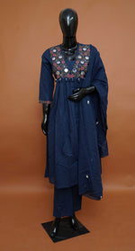 Midnight Navy Hand-Embroidered Mul Cotton 3 Piece Dress Set – Medium to 2XL