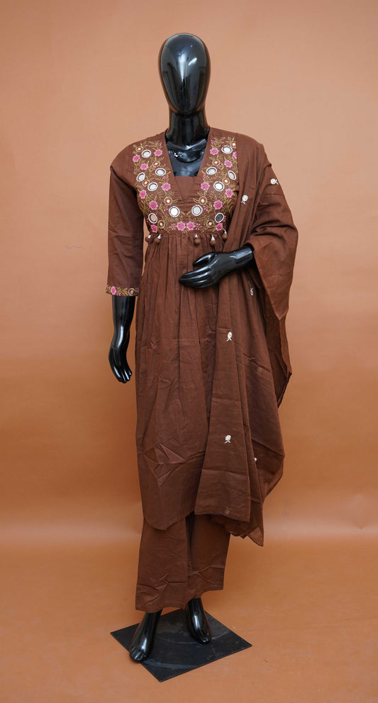 Earthy Brown Hand-Embroidered Mul Cotton 3 Piece Dress Set – Medium to 2XL