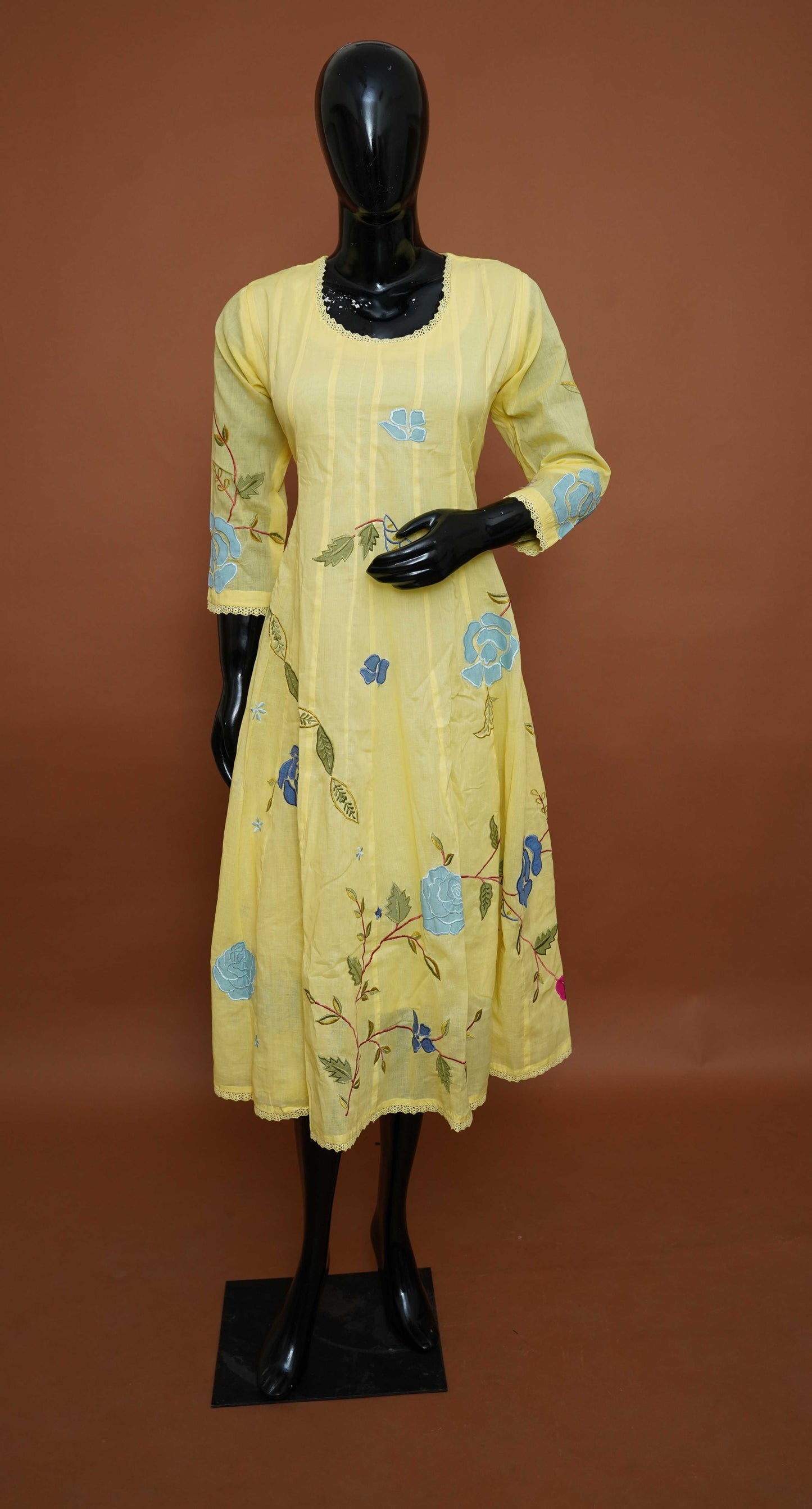 Sunny Yellow Pure Cotton A-Line Kurti | Hand-Painted & Embroidered Pure Cotton A-Line Frock Style Top  (Medium - 6XL)