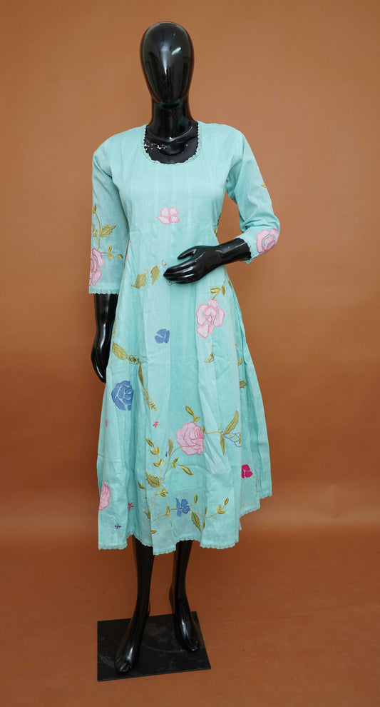 Seafoam Blue Pure Cotton A-Line Kurti | Hand-Painted & Embroidered Pure Cotton A-Line Frock Style Top  (Medium - 2XL)