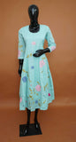 Seafoam Blue Pure Cotton A-Line Kurti | Hand-Painted & Embroidered Pure Cotton A-Line Frock Style Top  (Medium -6XL)