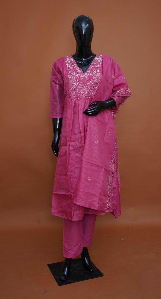 Magenta Premium Silk Kota A-Line 3-Piece Ready-to-Wear Dress Set – Medium to 2XL