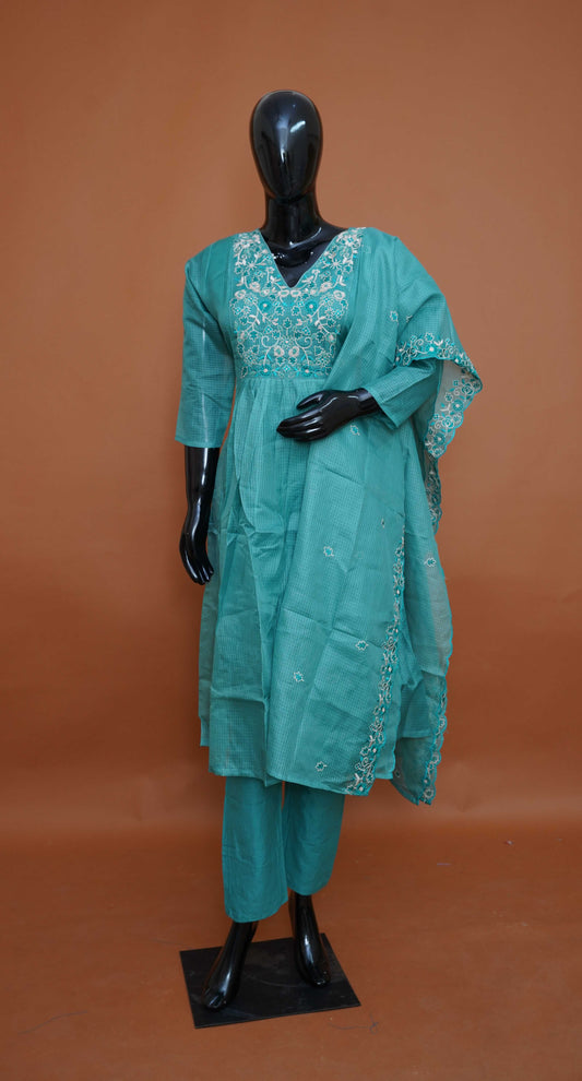 Seafoam Green Premium Silk Kota A-Line 3-Piece Ready-to-Wear Dress Set – Medium to 2XL