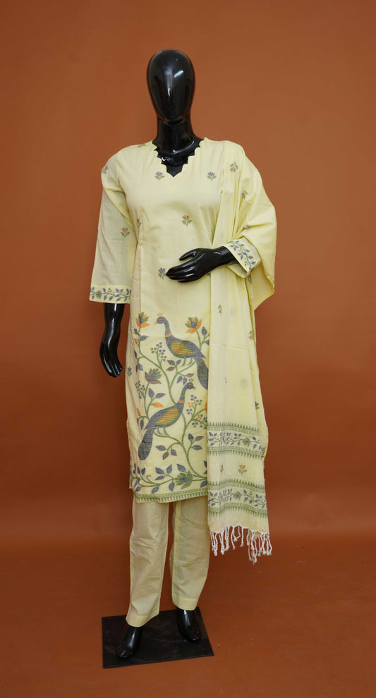 Lemon Yellow Premium Pure Cotton Jamdani 3-Piece Ready-to-Wear Dress Set – Medium to 3XL