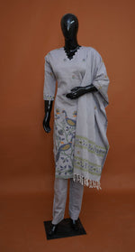 Ash Grey Premium Pure Cotton Jamdani 3-Piece Ready-to-Wear Dress Set – Medium to 3XL