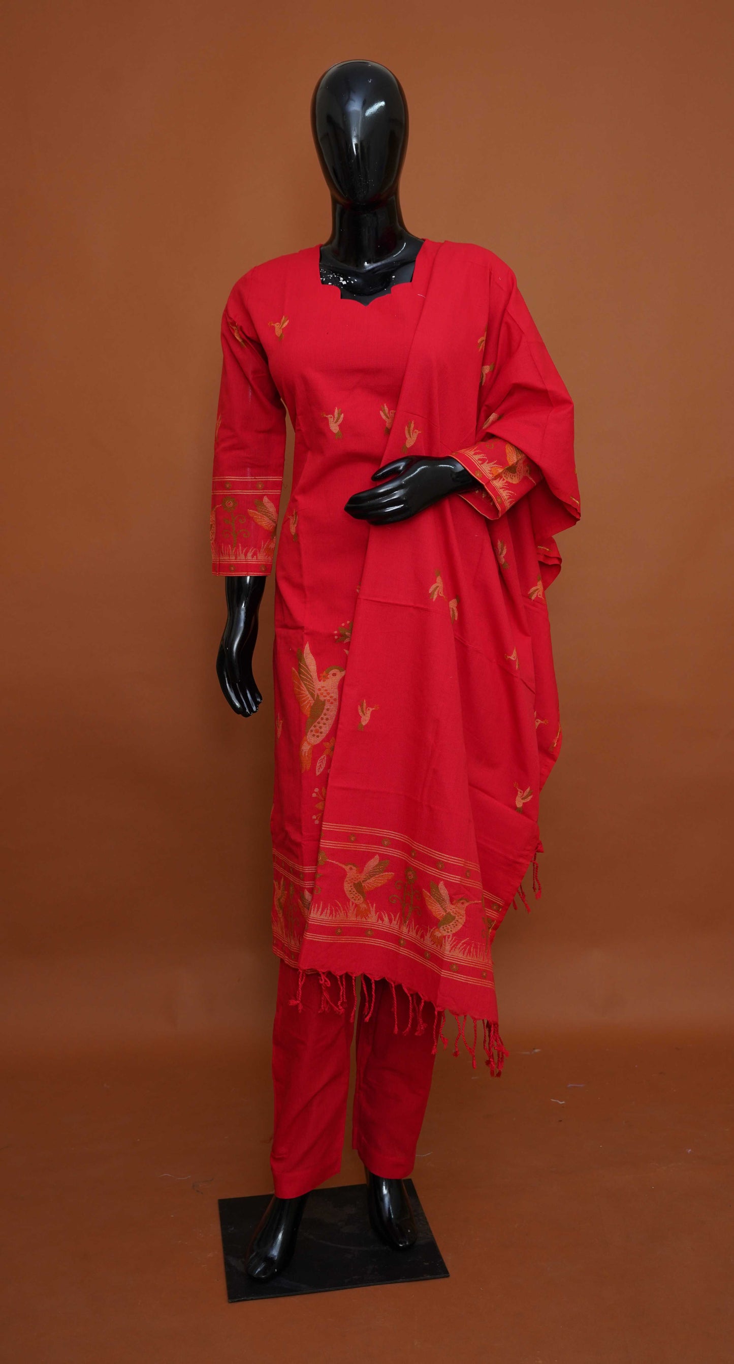 Ruby Red Premium Pure Cotton Jamdani 3-Piece Ready-to-Wear Dress Set – Medium to 3XL