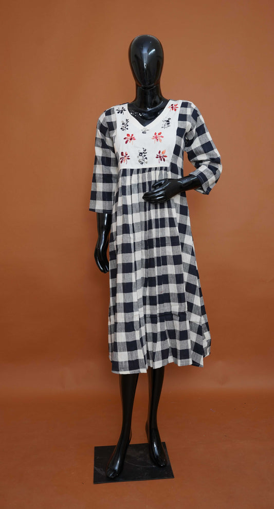 Cream and Black Checks with a Embroidered Chest Panel Premium Pure Linen Embroidered Kurta