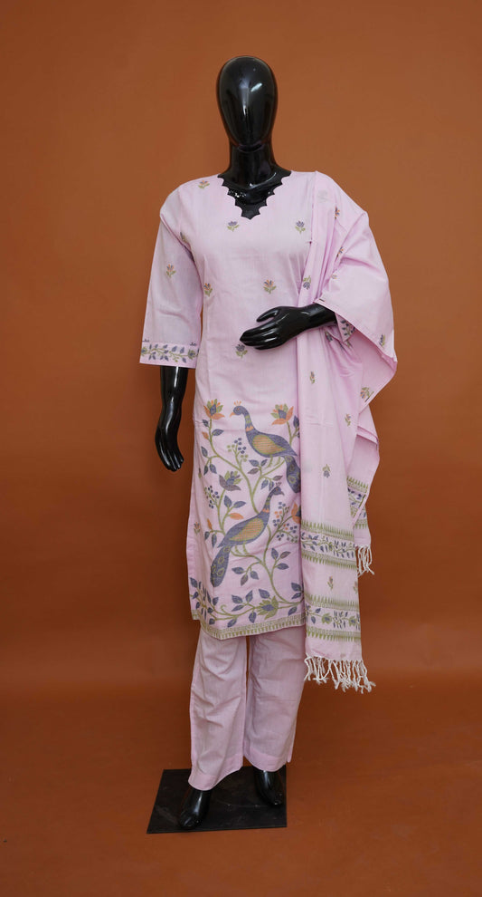 Baby Pink Premium Pure Cotton Jamdani 3-Piece Ready-to-Wear Dress Set – Medium to 3XL